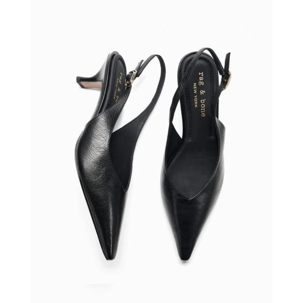 $730 Rag & Bone Slingback Pumps 37.5 Black Good Leather Pointed Toe Kitten Heel
